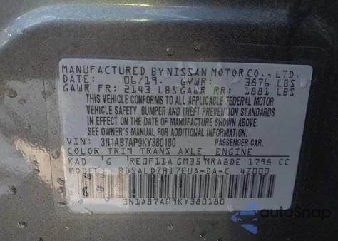 2019 Nissan Sentra Sv z USA, uszkodzony, nr VIN 3N1AB7AP9KY380180